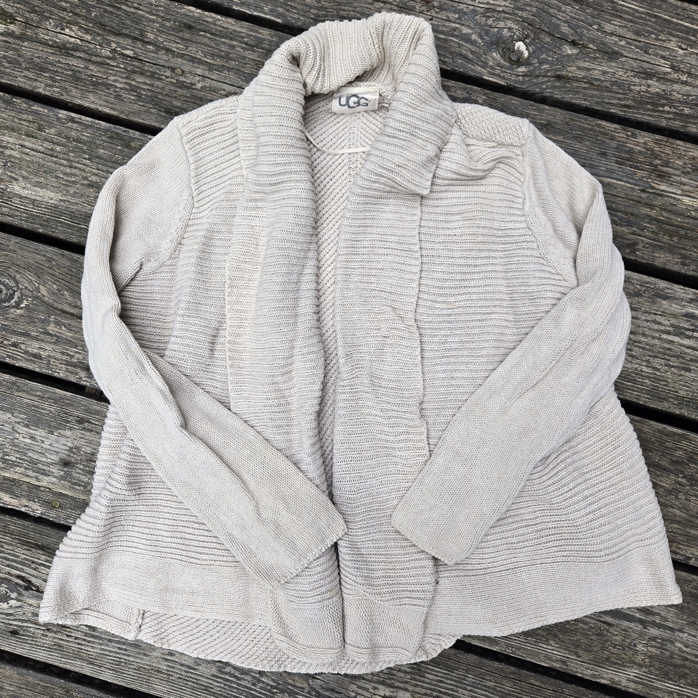 UGG Ribbed Knit Beige Cardigan Sweater Cotton Cashmere Blend